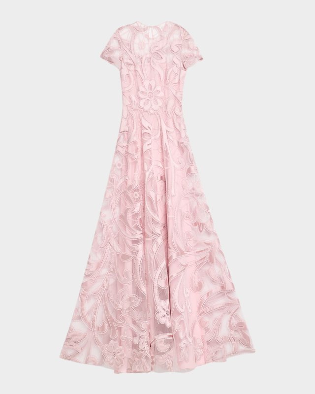 Floral Lace Cutout Matte Satin Short-Sleeve Gown